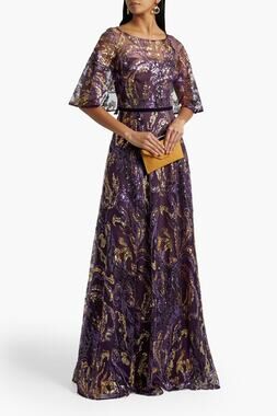 NWT Marchesa Notte 12 Embellished Tulle Evening Gown Purple Gold Velvet Trim